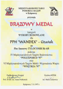 Brązowy medal za piec saunowy Centrum Sauny Wandex